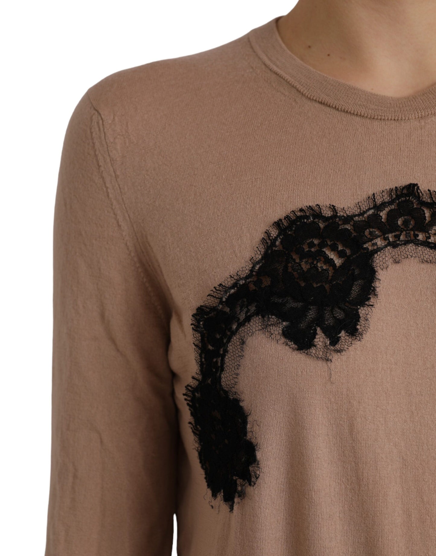 Dolce & Gabbana Brown Wool Black Lace 3/4 Sleeve Blouse Top IT46 / XL