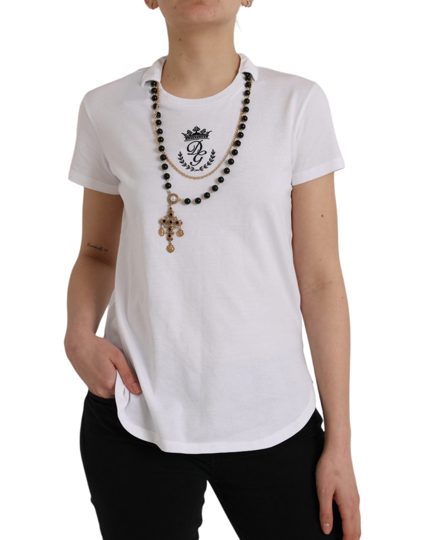 Dolce & Gabbana White Cotton Necklace Short Sleeves T-shirt IT38 / XS