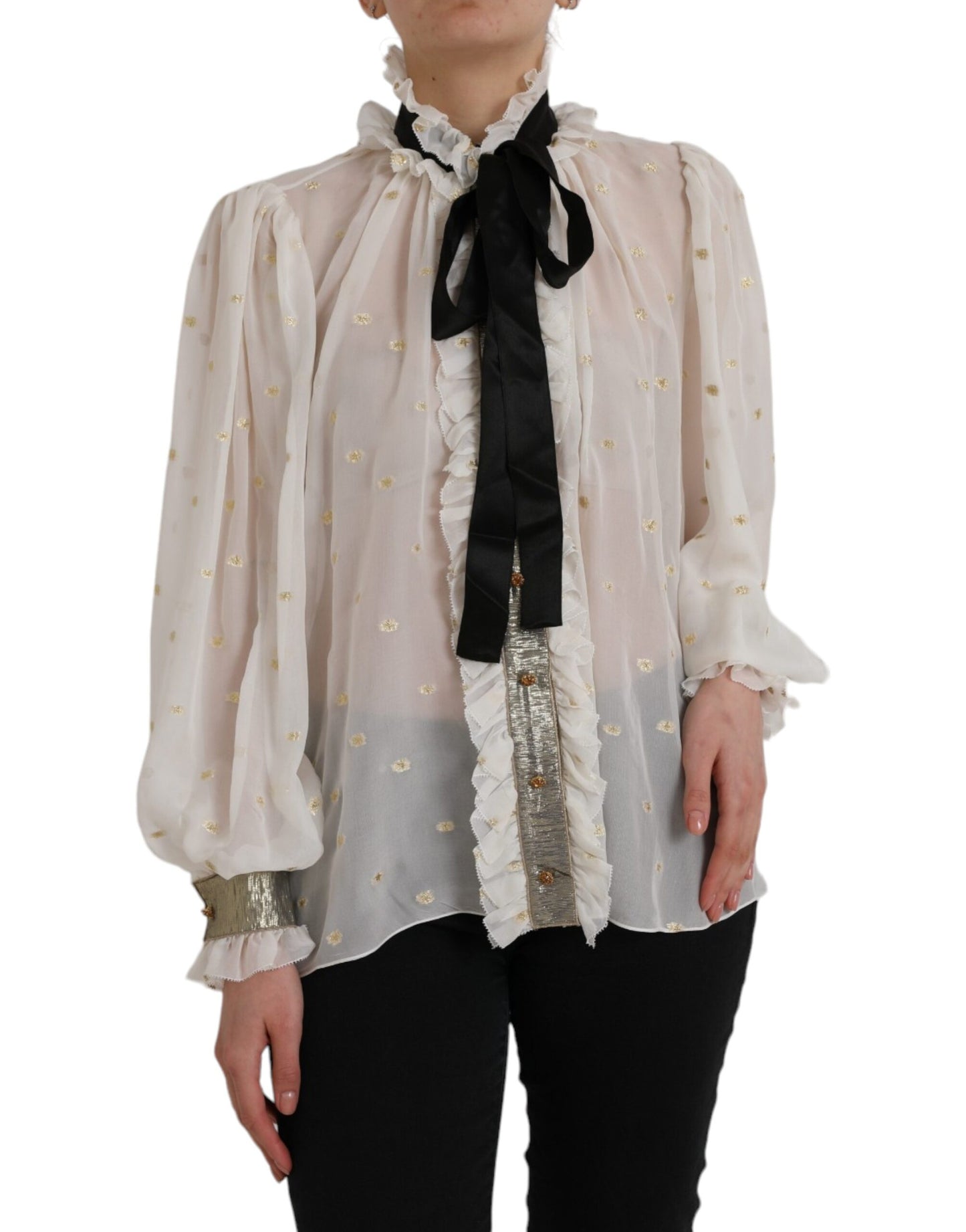 Dolce & Gabbana Off White Silk Blend Ascot Collar Blouse Top IT42 / M