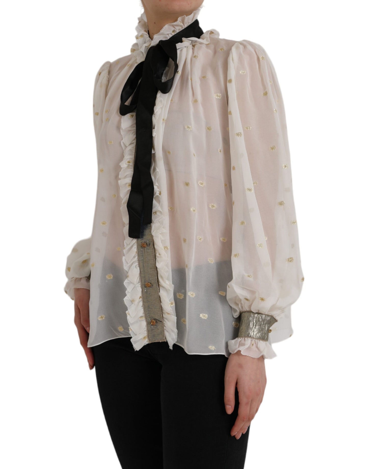 Dolce & Gabbana Off White Silk Blend Ascot Collar Blouse Top IT42 / M