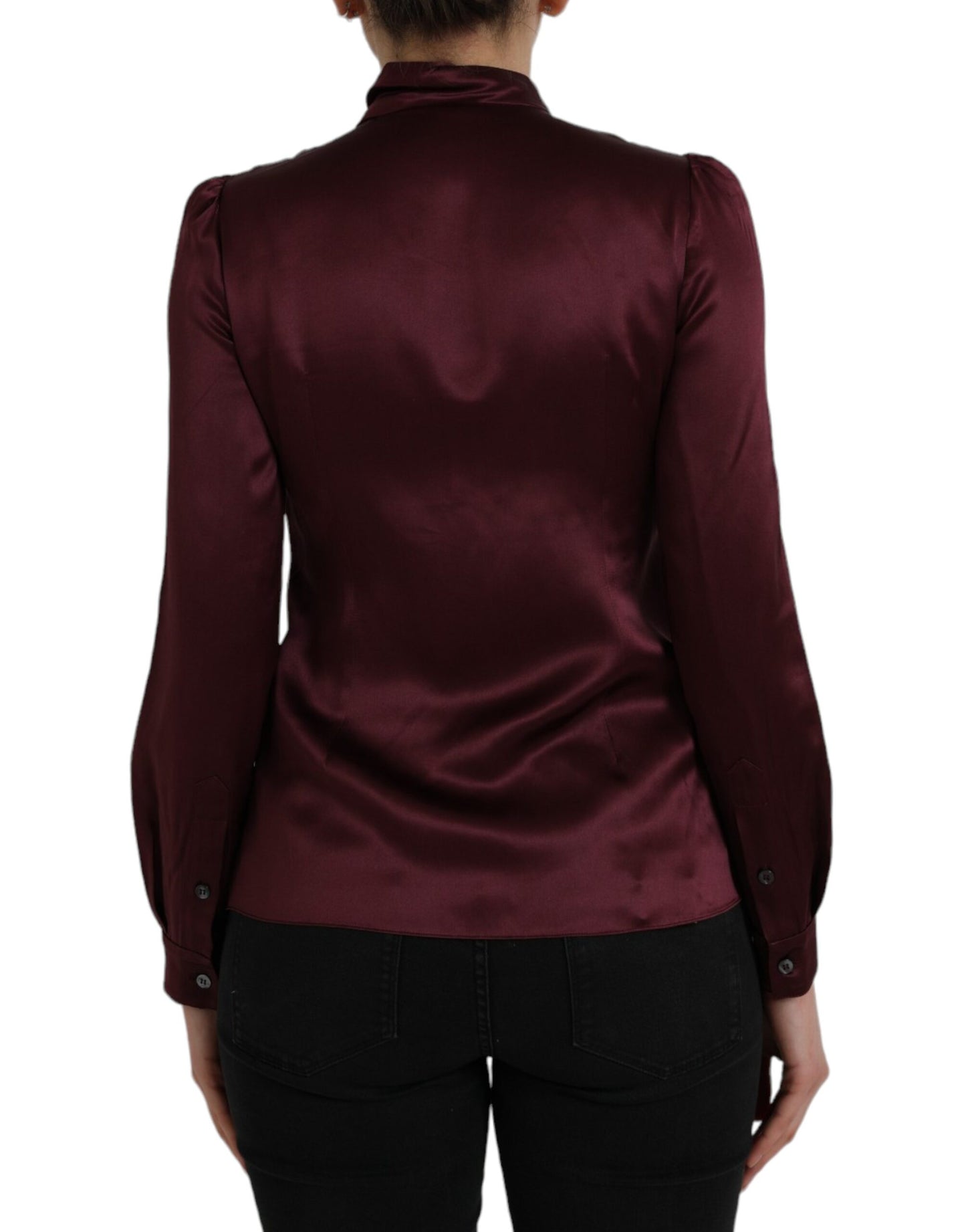 Dolce & Gabbana Maroon Ascot Collar Long Sleeve Top Blouse IT36 / XS