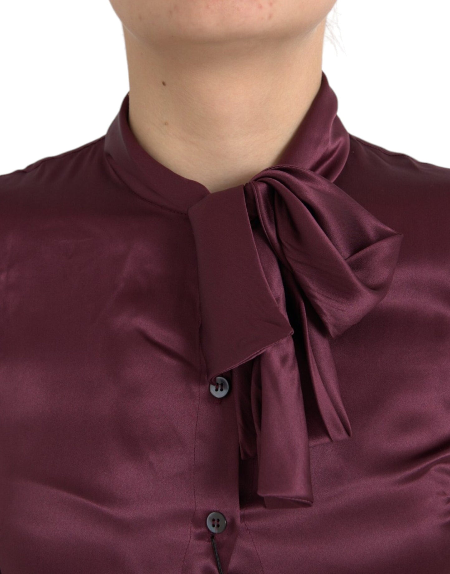 Dolce & Gabbana Maroon Ascot Collar Long Sleeve Top Blouse IT36 / XS