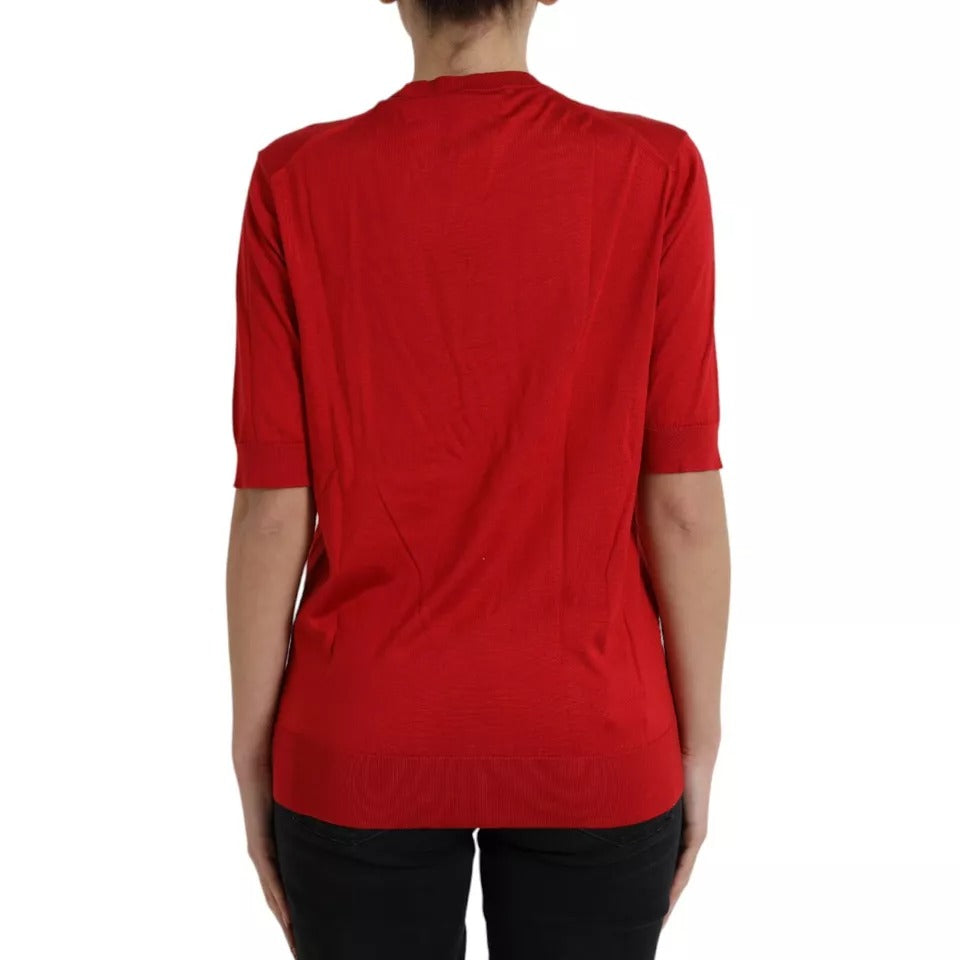 Dolce & Gabbana Red Silk Crewneck Short Sleeve Sweater IT42 / M