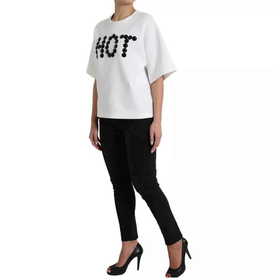 Dolce & Gabbana White Cotton Black HOT Crystal Top T-shirt IT42 / M