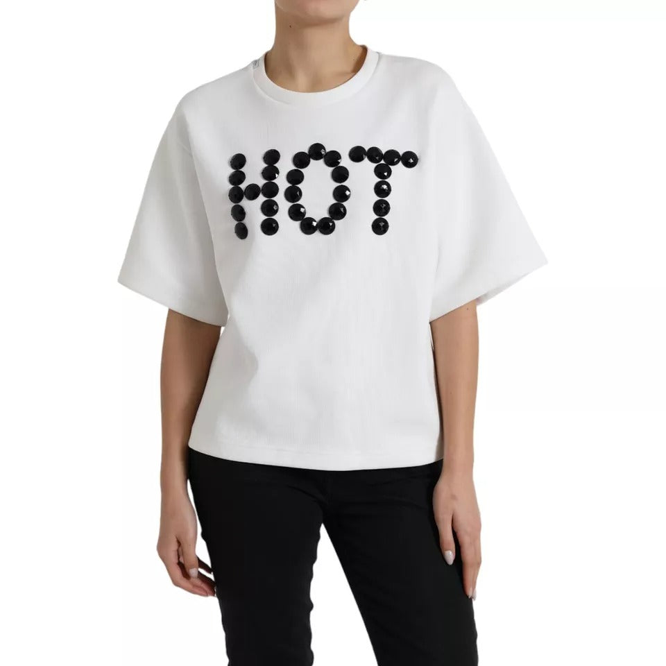 Dolce & Gabbana White Cotton Black HOT Crystal Top T-shirt IT42 / M