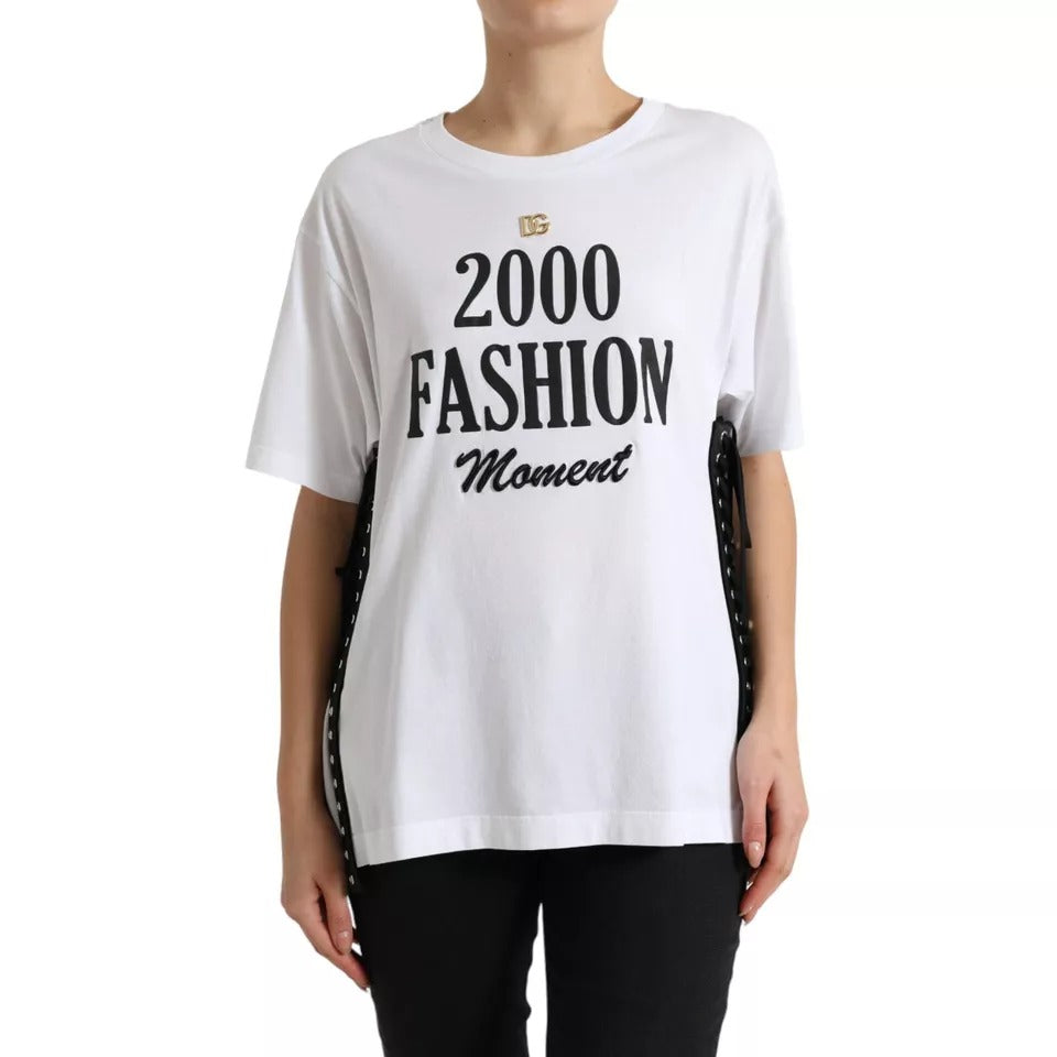 Dolce & Gabbana White Slogan Print Lacing Detailed T-shirt IT40 | S