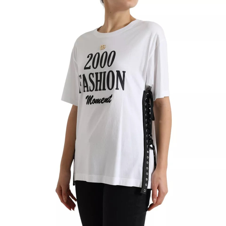 Dolce & Gabbana White Slogan Print Lacing Detailed T-shirt IT40 | S