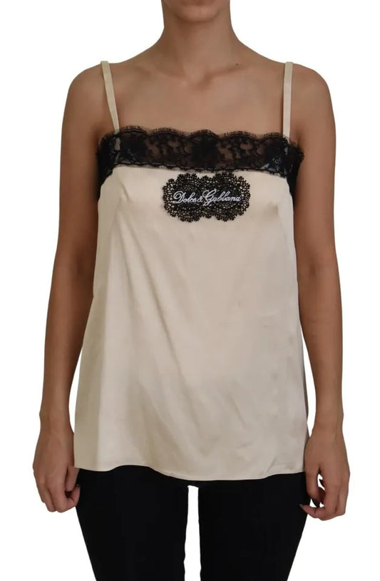 Dolce & Gabbana Beige Lace Spaghetti Logo Embroidery Top IT42 / M