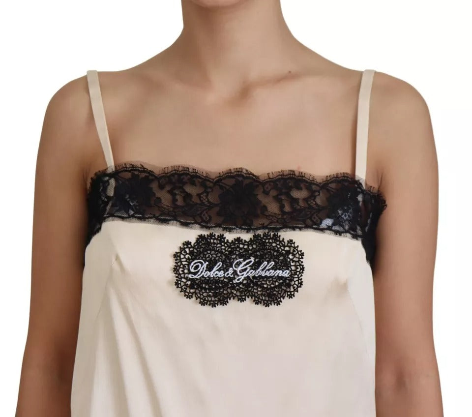 Dolce & Gabbana Beige Lace Spaghetti Logo Embroidery Top IT42 / M