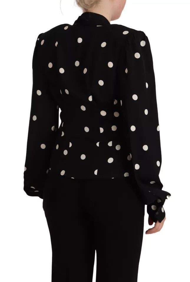 Dolce & Gabbana Black Polka Dots Silk Pussy Bow Long Sleeves  Top IT40 / S