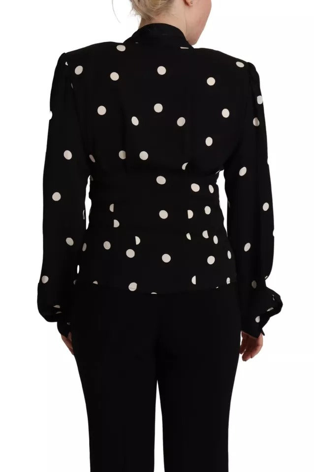 Dolce & Gabbana Black Polka Dots Silk Pussy Bow Long Sleeves  Top IT40 / S