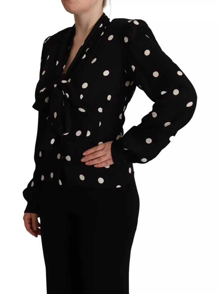 Dolce & Gabbana Black Polka Dots Silk Pussy Bow Long Sleeves  Top IT40 / S