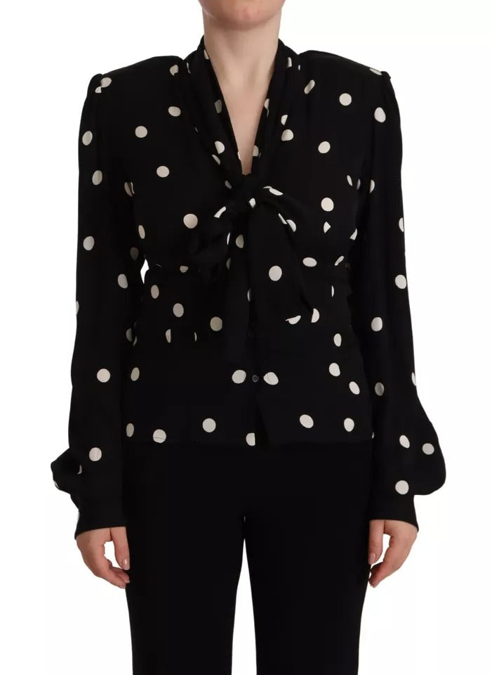 Dolce & Gabbana Black Polka Dots Silk Pussy Bow Long Sleeves  Top IT40 / S