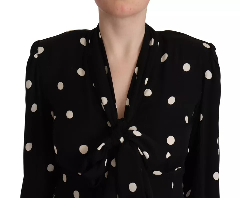 Dolce & Gabbana Black Polka Dots Silk Pussy Bow Long Sleeves  Top IT40 / S