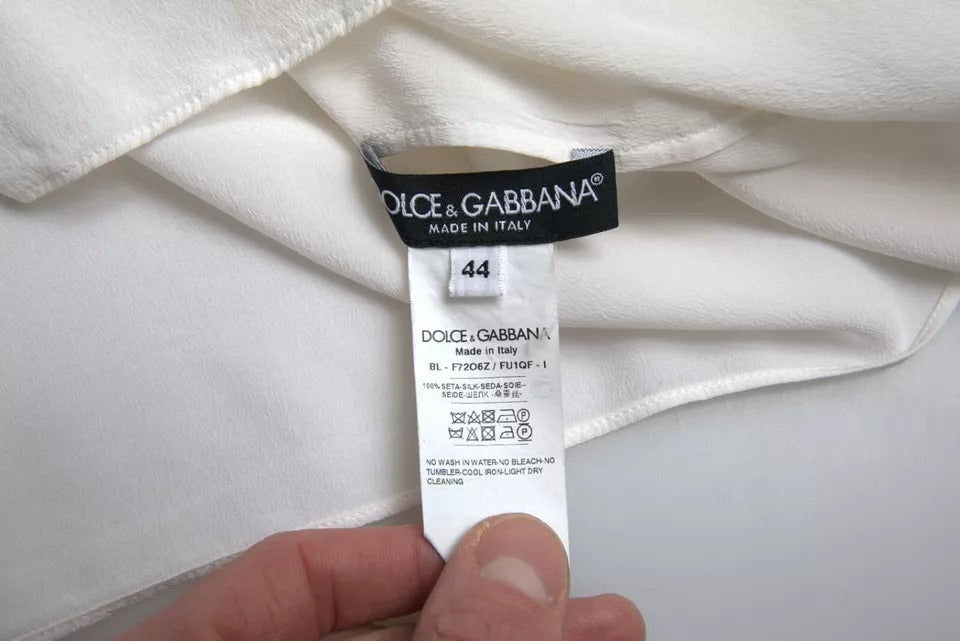 Dolce & Gabbana White Floral Silk Ascot Collared Top Blouse IT44 | L