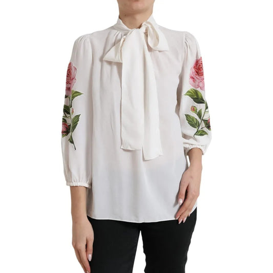 Dolce & Gabbana White Floral Silk Ascot Collared Top Blouse IT44 | L