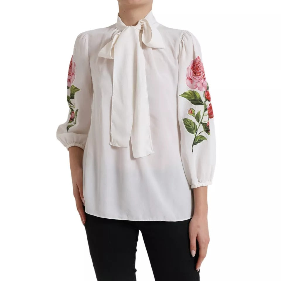 Dolce & Gabbana White Floral Silk Ascot Collared Top Blouse IT44 | L