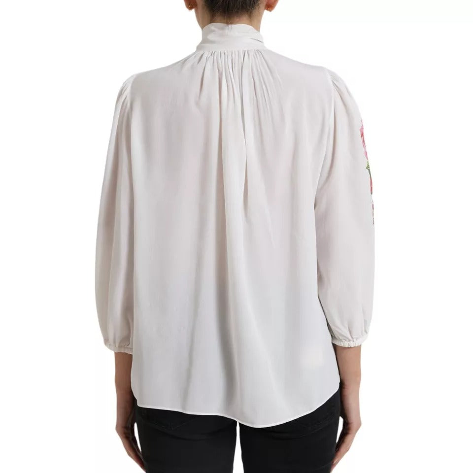 Dolce & Gabbana White Floral Silk Ascot Collared Top Blouse IT44 | L