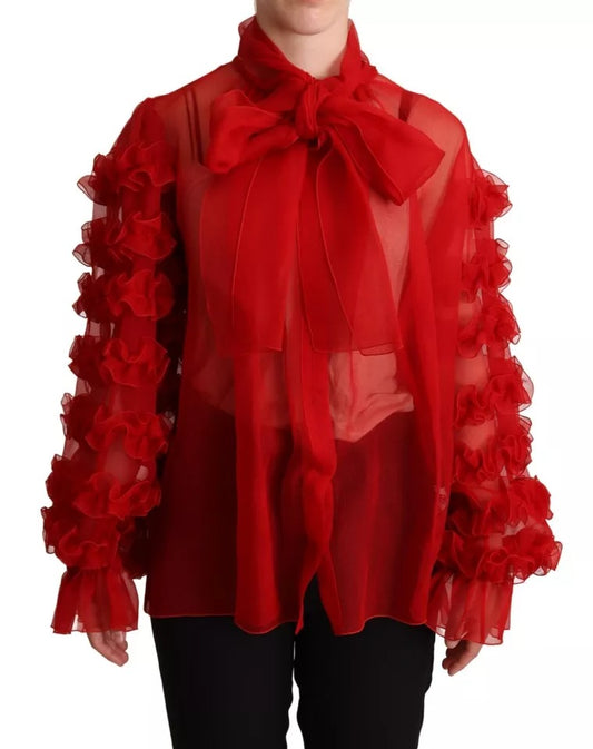 Dolce & Gabbana Red Silk Ascot Collar Ruffles Blouse Top IT38 / S