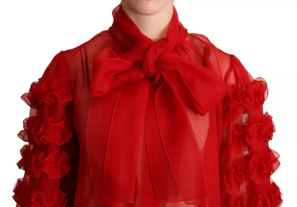 Dolce & Gabbana Red Silk Ascot Collar Ruffles Blouse Top IT38 / S