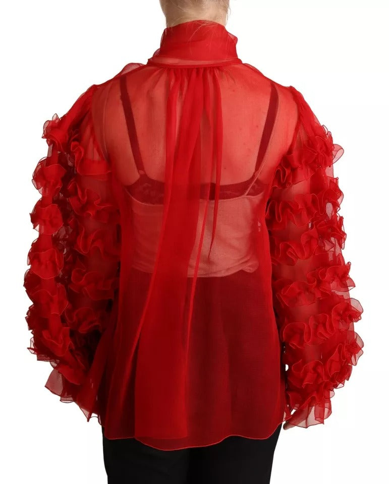 Dolce & Gabbana Red Silk Ascot Collar Ruffles Blouse Top IT38 / S