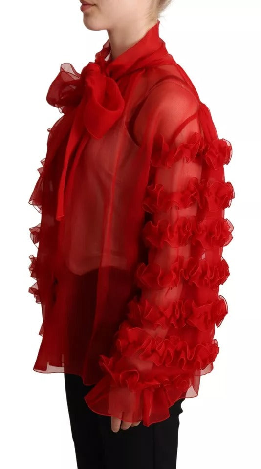 Dolce & Gabbana Red Silk Ascot Collar Ruffles Blouse Top IT38 / S