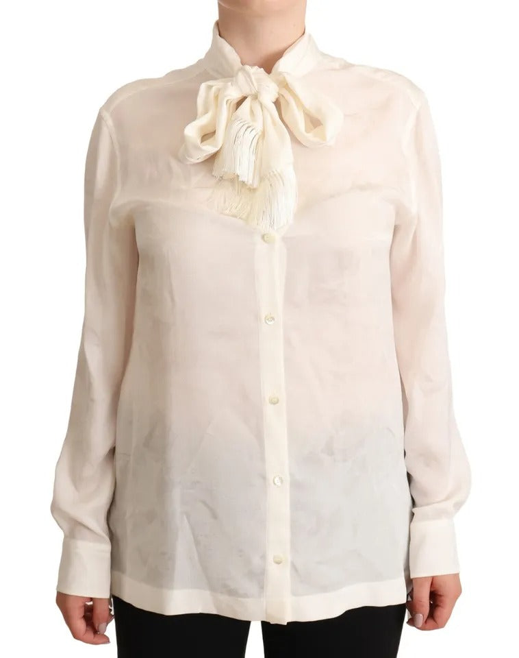 Dolce & Gabbana White Blouse Ascot Collar Shirt Silk Button Top IT42 / M