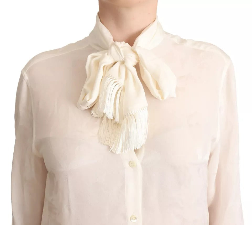 Dolce & Gabbana White Blouse Ascot Collar Shirt Silk Button Top IT42 / M