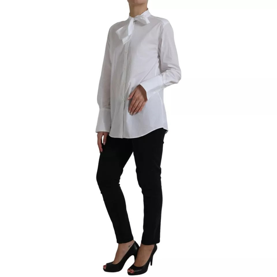 Dolce & Gabbana White Cotton Ascot Collar Long Sleeves Top IT40 | S