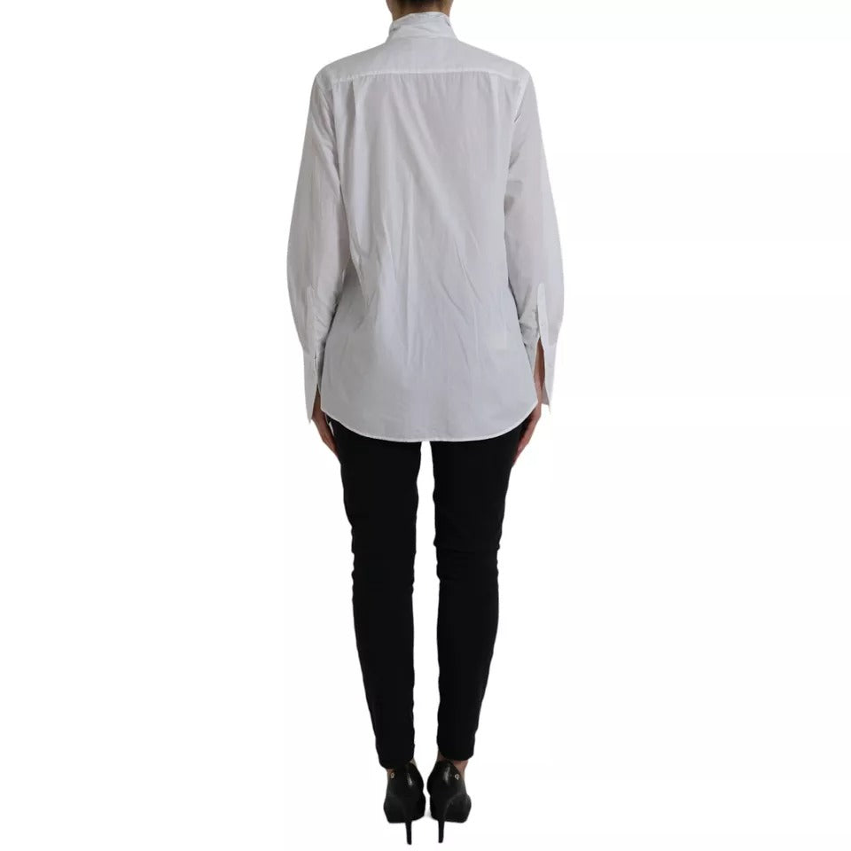 Dolce & Gabbana White Cotton Ascot Collar Long Sleeves Top IT40 | S