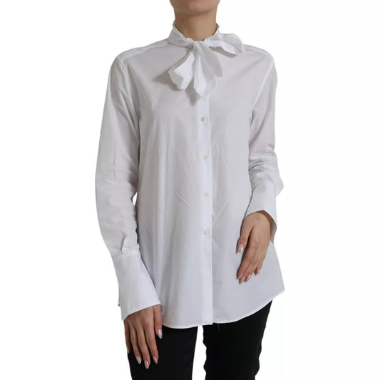 Dolce & Gabbana White Cotton Ascot Collar Long Sleeves Top IT40 | S