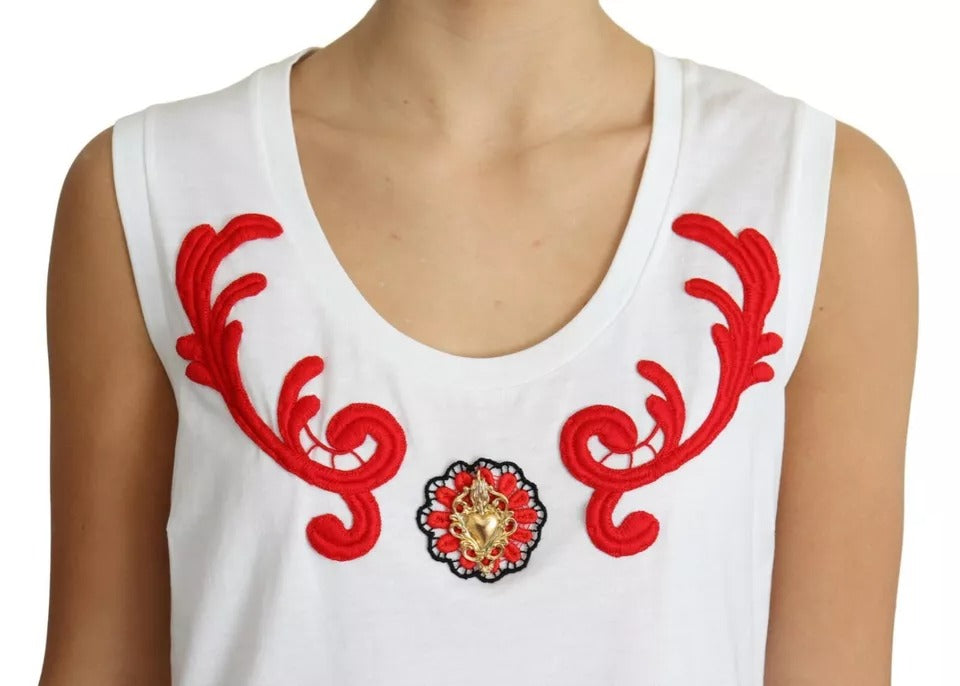 Dolce & Gabbana White Cotton Heart Applique Sleeveless Tank Top IT44 | L