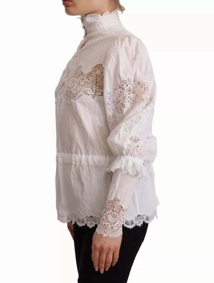 Dolce & Gabbana White Cotton Lace Trim Turtle Neck Blouse Top IT40 | S