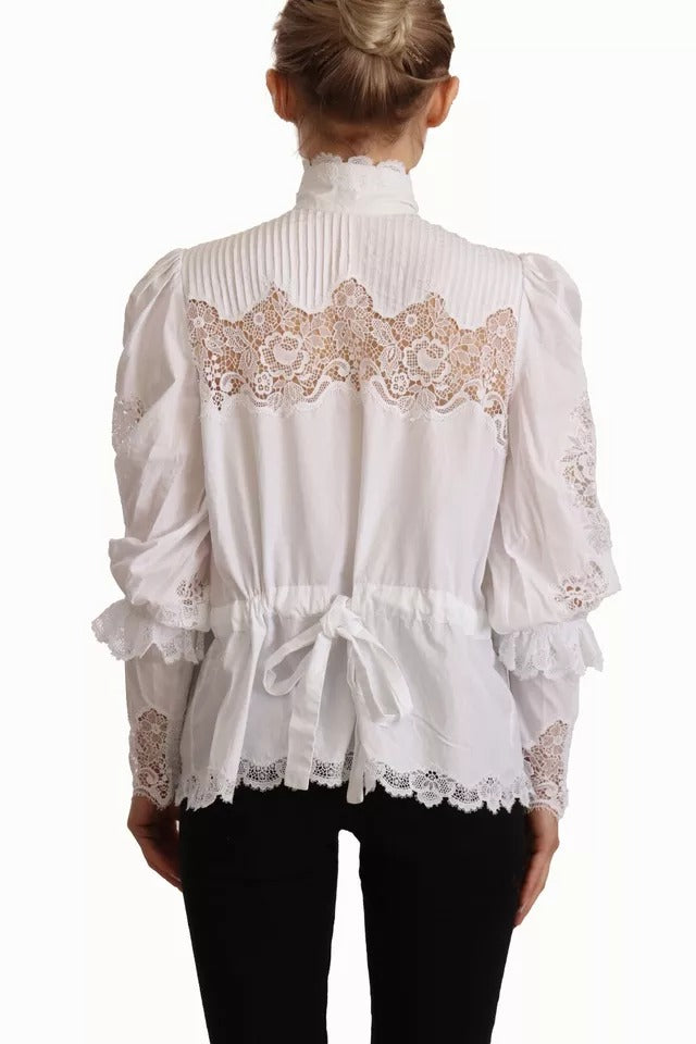 Dolce & Gabbana White Cotton Lace Trim Turtle Neck Blouse Top IT40 | S