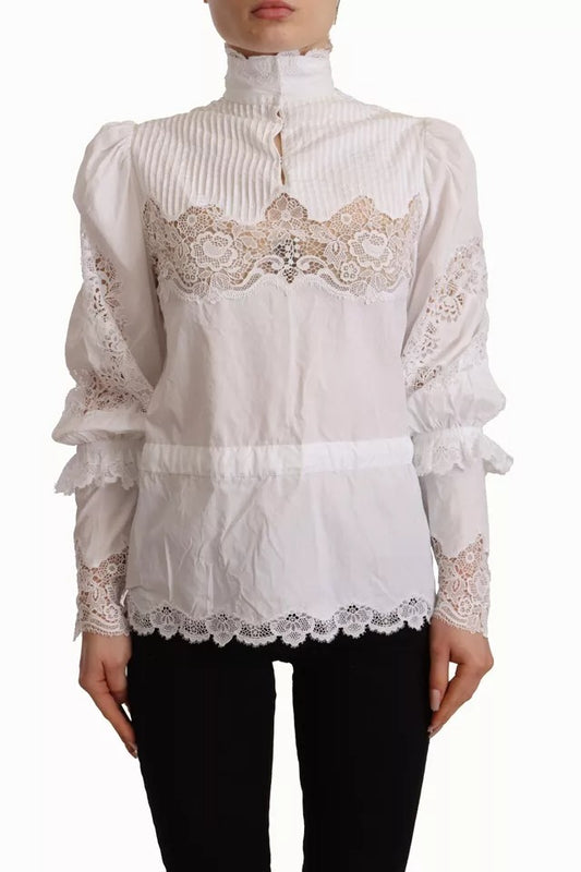 Dolce & Gabbana White Cotton Lace Trim Turtle Neck Blouse Top IT40 | S