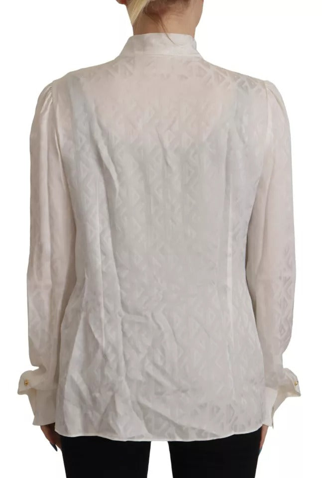 Dolce & Gabbana White Patterned Silk Ascot Collar Blouse Top IT42 / M