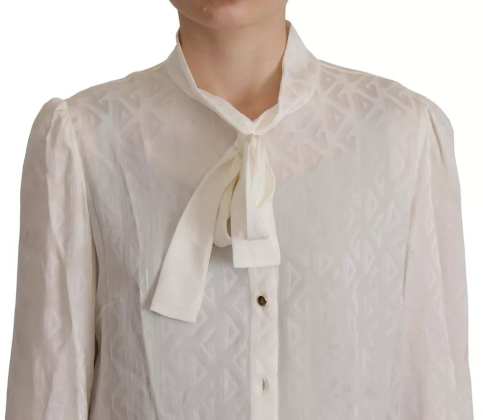 Dolce & Gabbana White Patterned Silk Ascot Collar Blouse Top IT42 / M