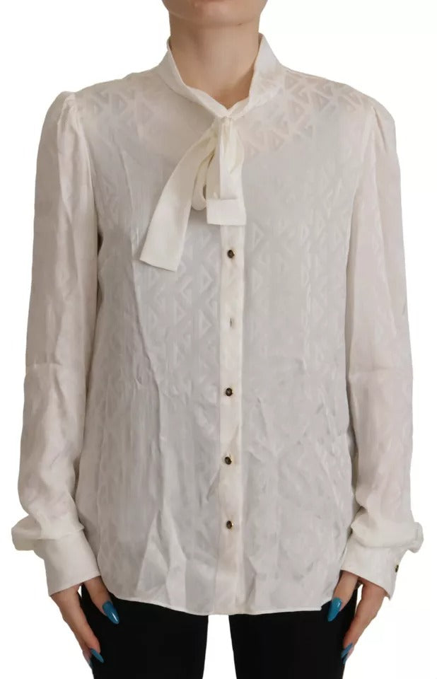 Dolce & Gabbana White Patterned Silk Ascot Collar Blouse Top IT42 / M