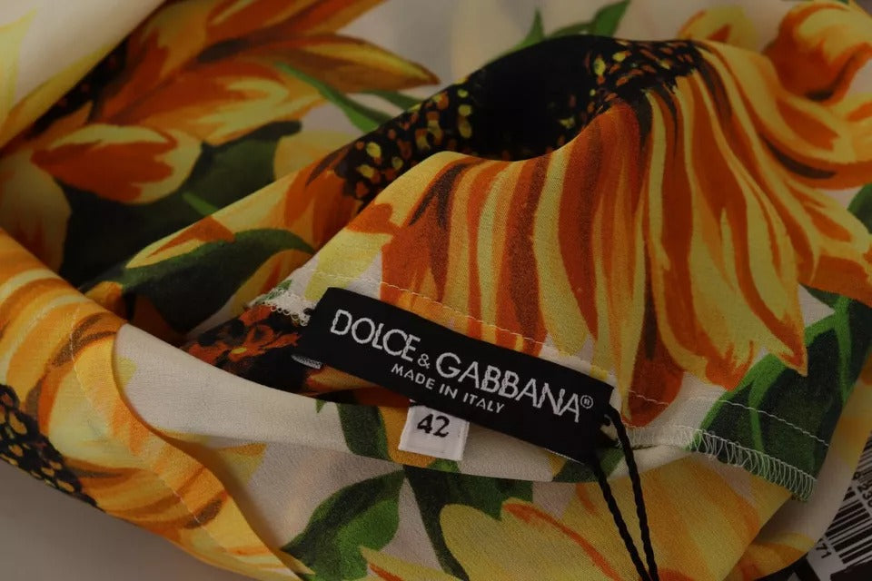 Dolce & Gabbana White Sunflower Silk Ascot Collar Blouse Top IT42 / M