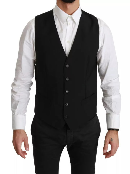 Dolce & Gabbana Black Stretch Waistcoat Formal Dress Wool Vest IT48 / M