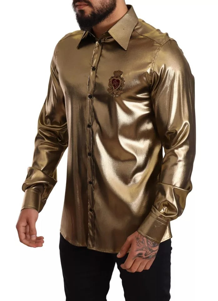 Dolce & Gabbana Metallic Gold DG Embroidered Crown Silk Top Shirt IT41 | L