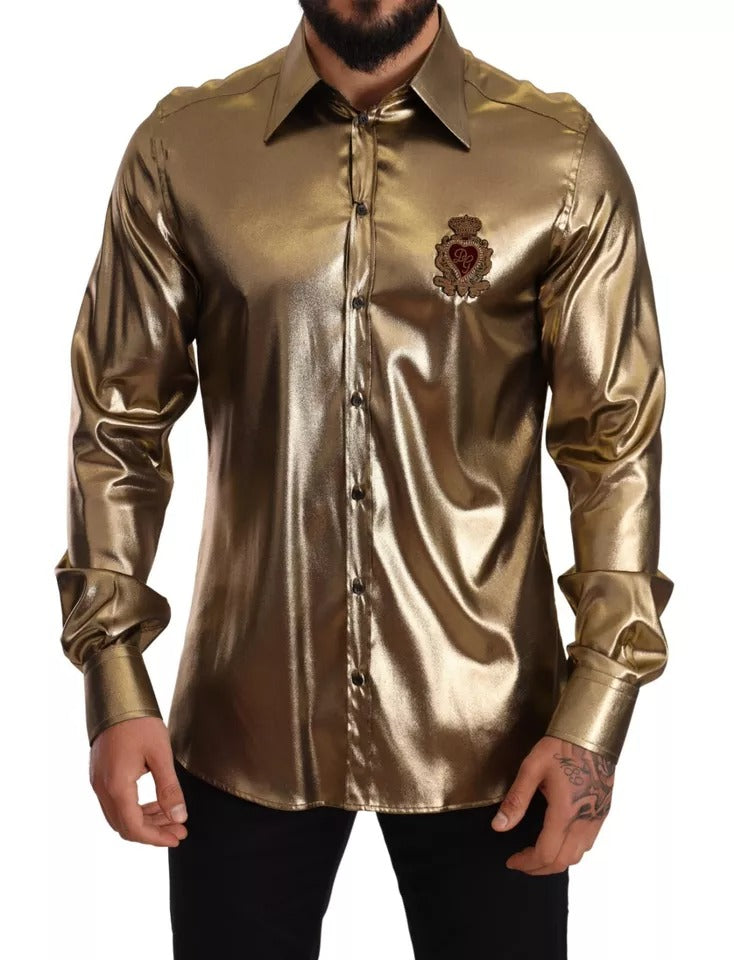 Dolce & Gabbana Metallic Gold DG Embroidered Crown Silk Top Shirt IT41 | L