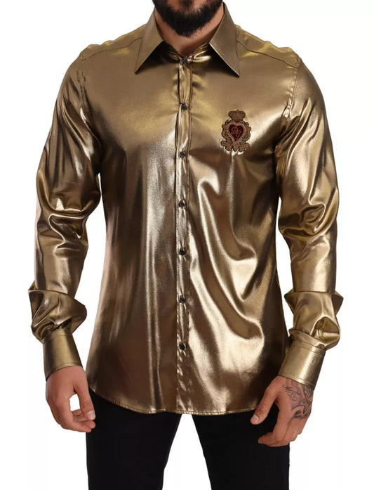 Dolce & Gabbana Metallic Gold DG Embroidered Crown Silk Top Shirt IT41 | L