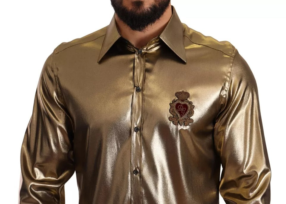 Dolce & Gabbana Metallic Gold DG Embroidered Crown Silk Top Shirt IT41 | L