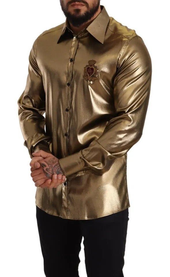 Dolce & Gabbana Metallic Gold DG Embroidered Crown Silk Top Shirt IT41 | L