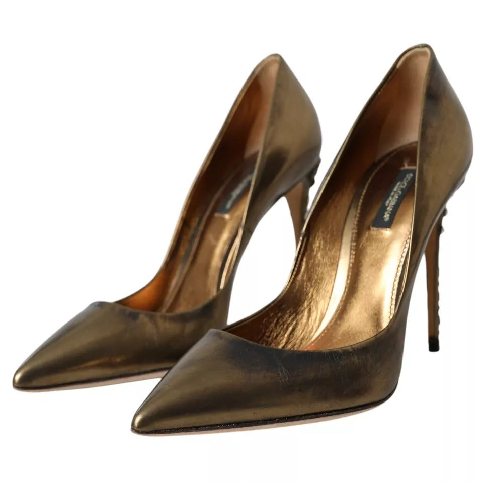 Dolce & Gabbana Bronze Leather Embellished Heels Pumps Shoes EU39 / US8.5