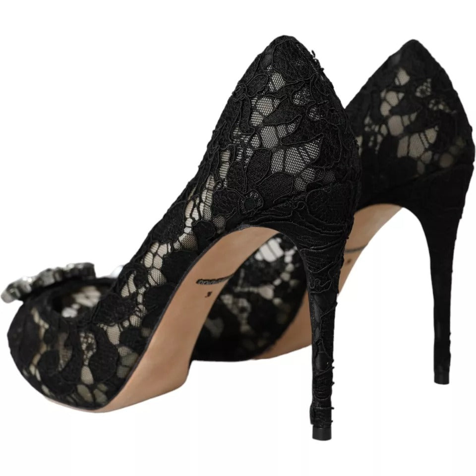 Dolce & Gabbana Black Taormina Lace Crystal Heel Pumps Shoes EU38 / US7.5