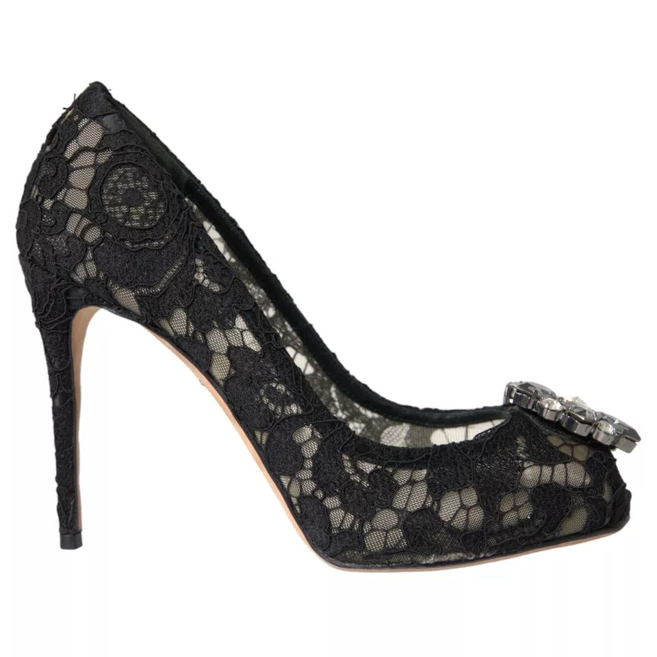 Dolce & Gabbana Black Taormina Lace Crystal Heel Pumps Shoes EU38 / US7.5