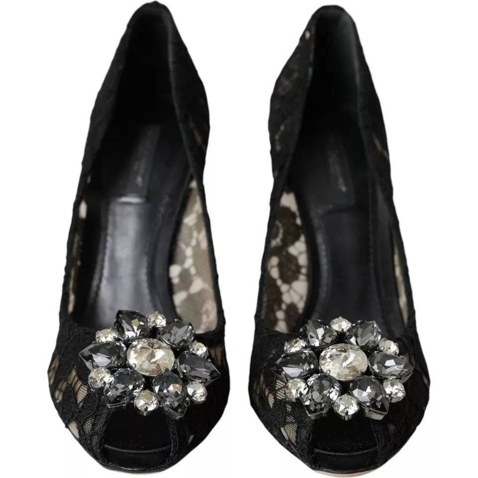 Dolce & Gabbana Black Taormina Lace Crystal Heel Pumps Shoes EU38 / US7.5