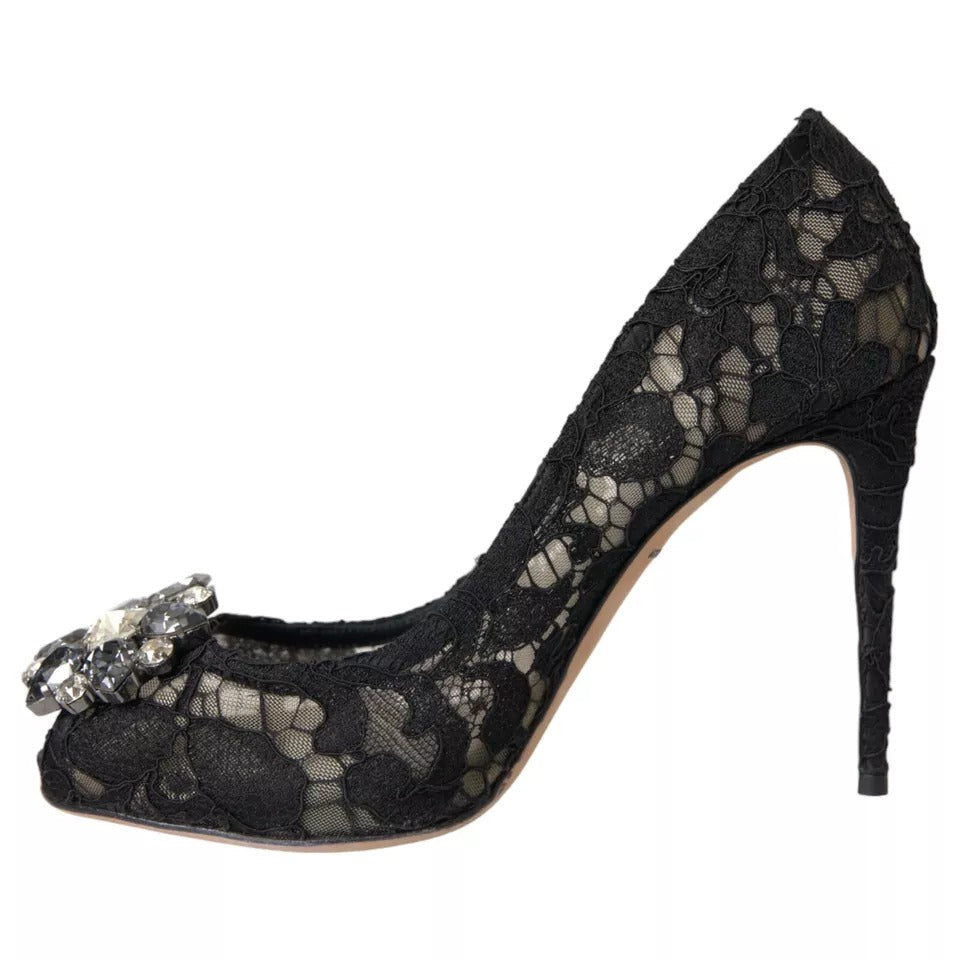 Dolce & Gabbana Black Taormina Lace Crystal Heel Pumps Shoes EU38 / US7.5